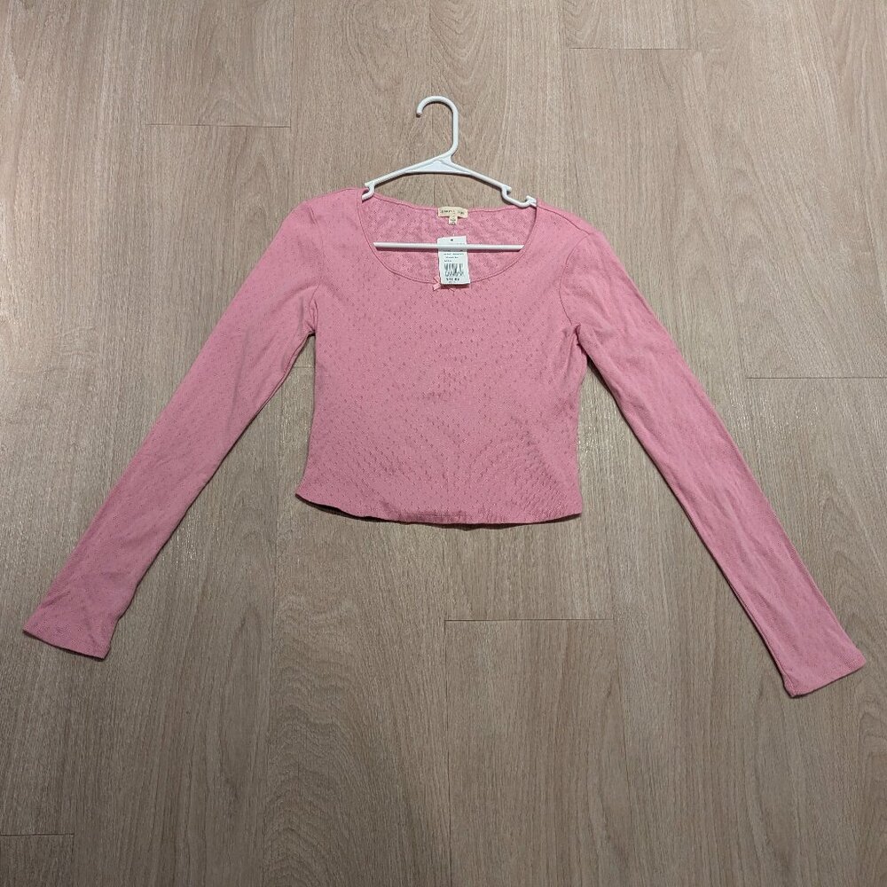 soft pink bow long-sleeve pointelle cropped top